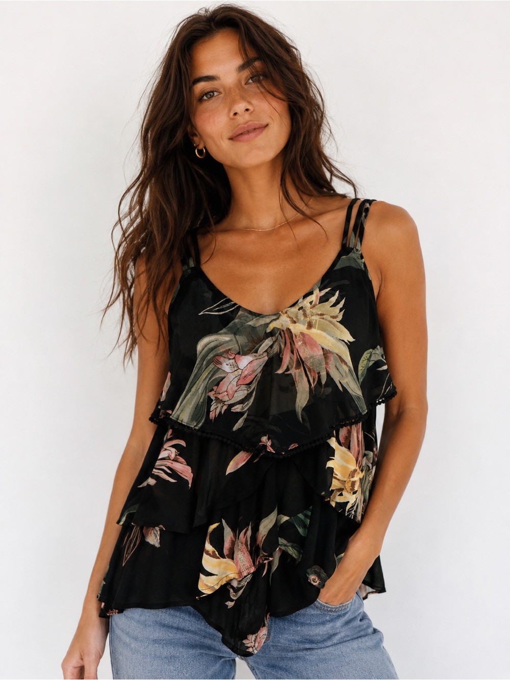 White House Black Market Floral Tiered Tank Top Small Black Tropical Boho